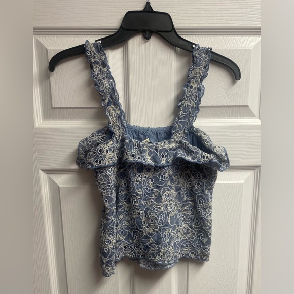 American Eagle Cotton/Viscose Embroidered Eyelet Ruffle Crop Top Size XS - Picture 6 of 6